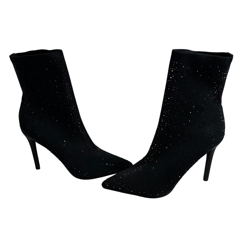 ID Required Black Sparkle Rhinestone Sock Boots Stiletto Heel Pointed Toe‎ SZ 10